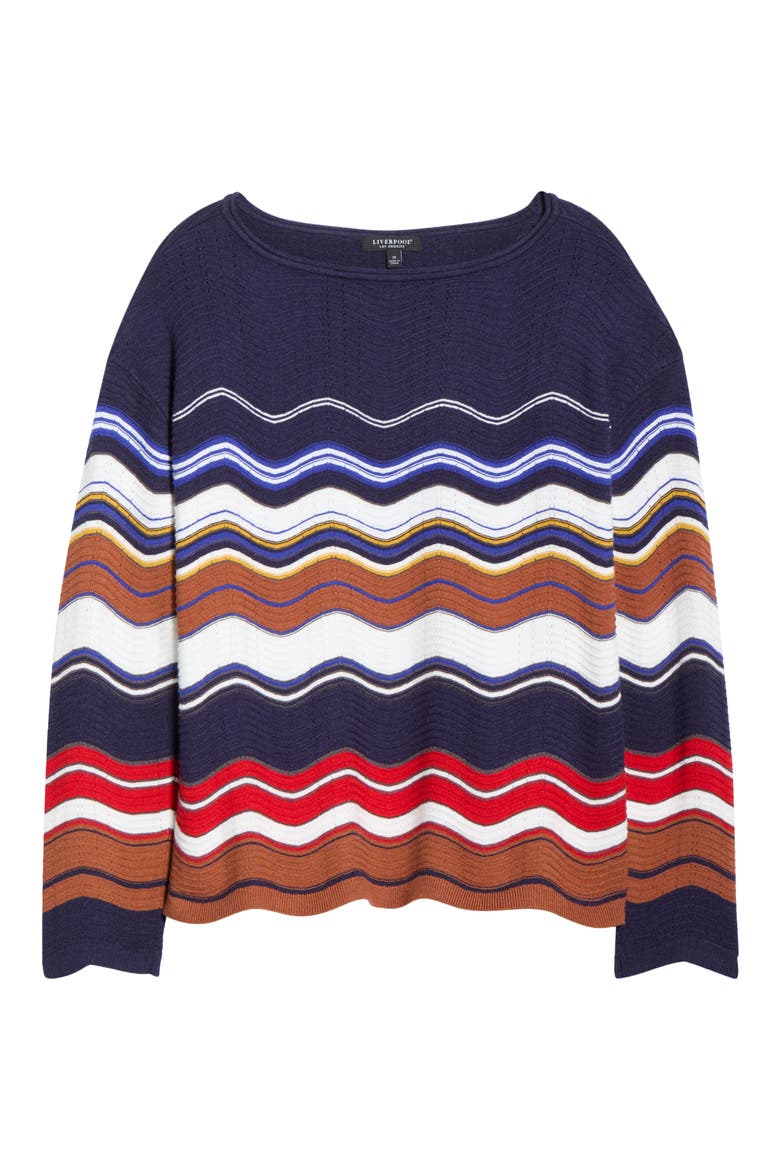 Scalloped Hem Sweater, Alternate, color, NAVY/ BROWN MULTI STRIPE