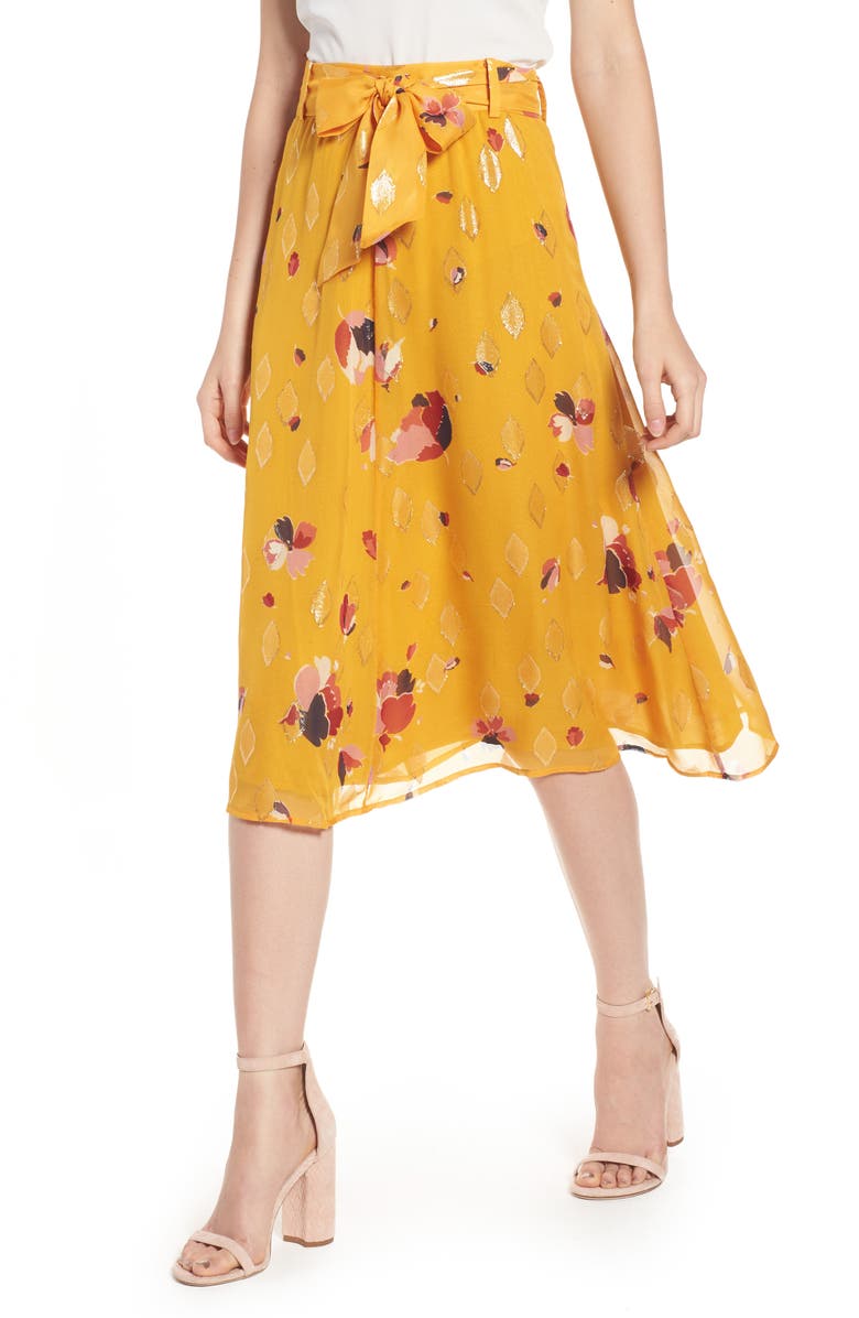 Sézane Arizona Floral & Metallic Silk Blend Skirt, Main, color, 