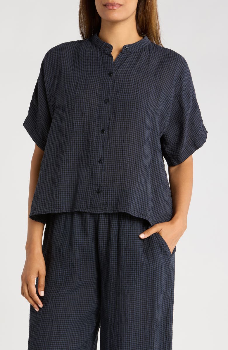 Eileen Fisher Mandarin Collar Short Sleeve Organic Linen Button-Up Shirt, Main, color,