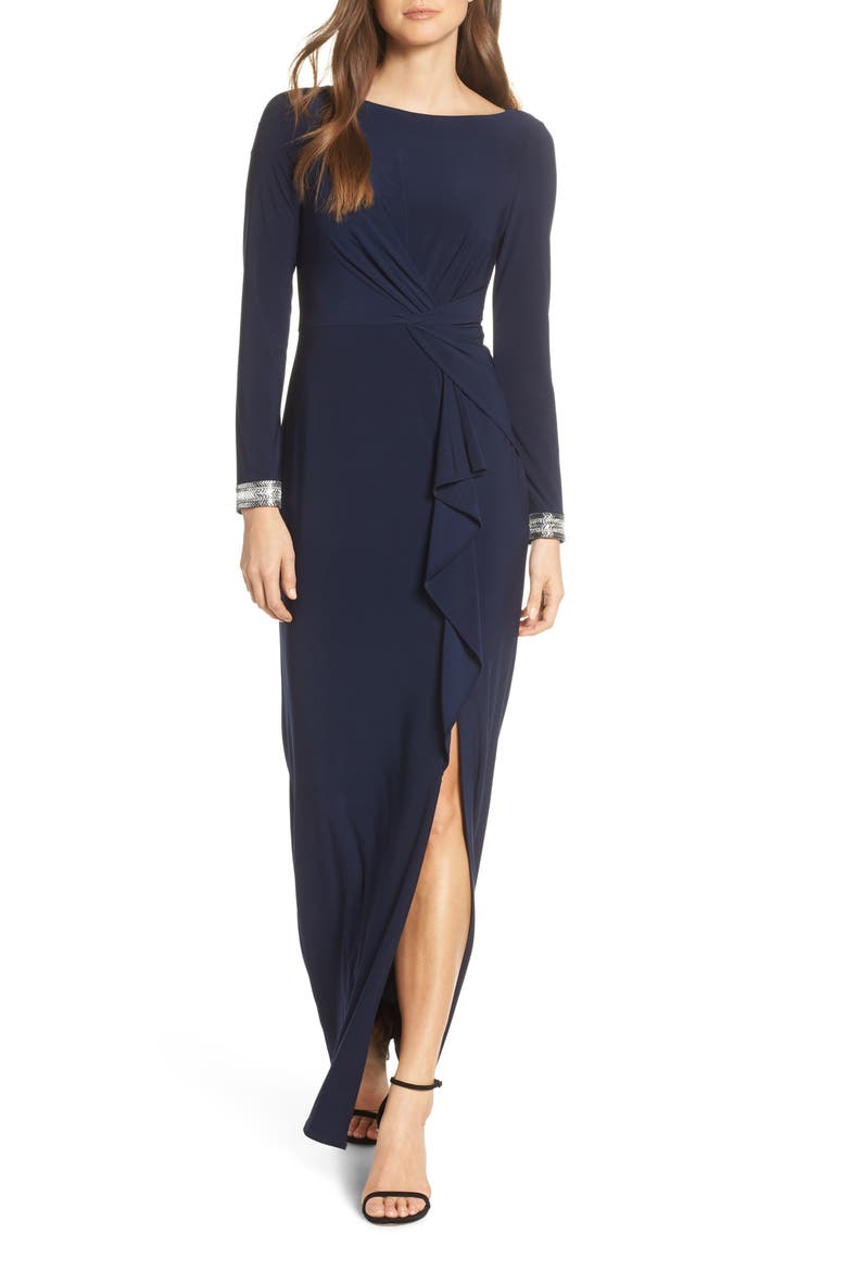 Beaded Cuff Ruched Jersey Gown, Main, color, NAVY