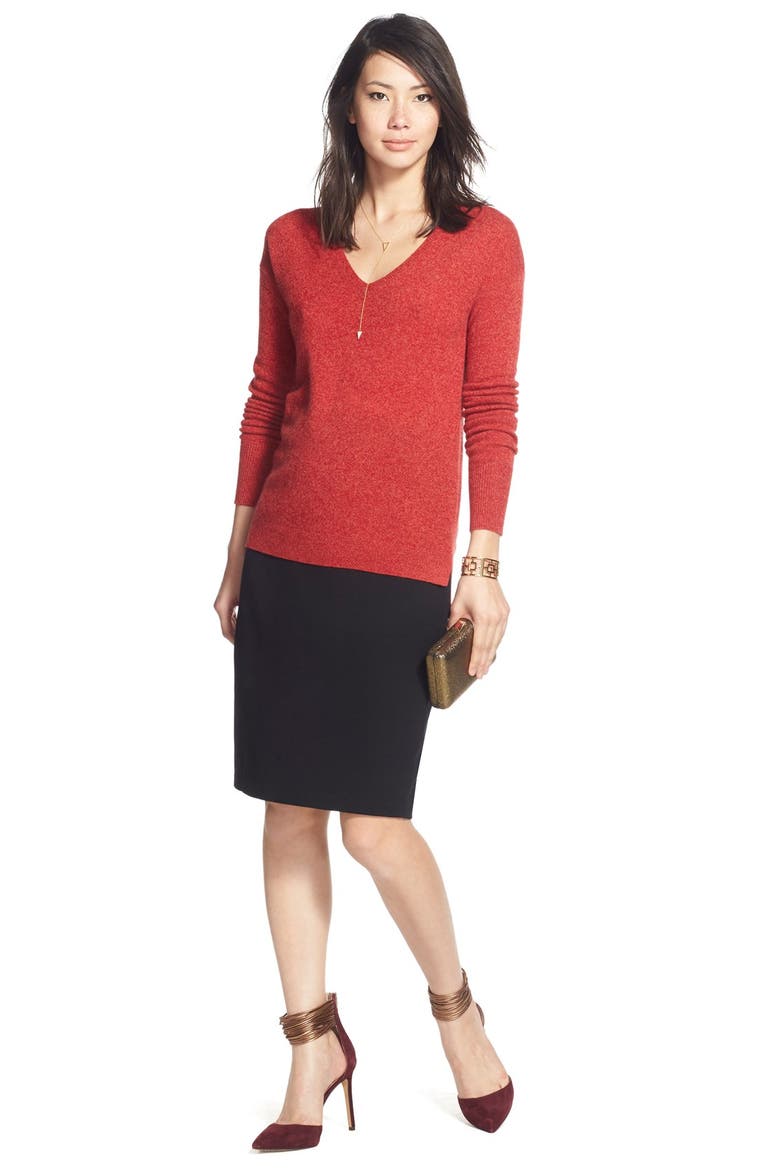 V-Neck Lightweight Cashmere Sweater, Alternate, color, RED- ORANGE MARL