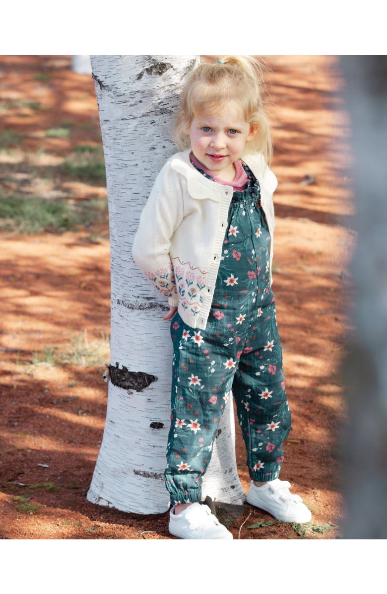 Deux par Deux Little Girl's Printed Muslin Overall Teal With Flowers, Alternate, color, 