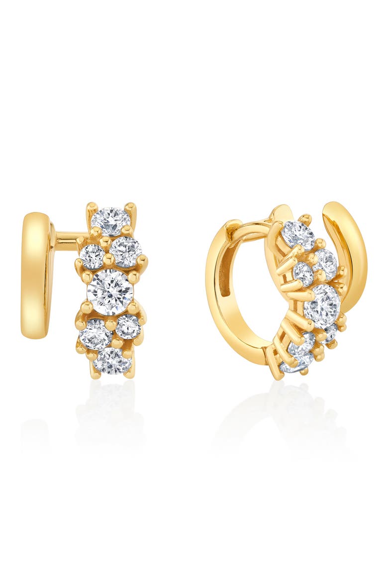 Pavé Cubic Zirconia Cluster Huggie Hoop Earrings, Main, color, 18KT YELLOW GOLD / CLEAR STONE