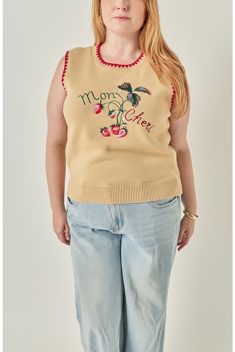Strawberry Stitch Detail Vest, Alternate, color, BEIGE/ RED MULTI