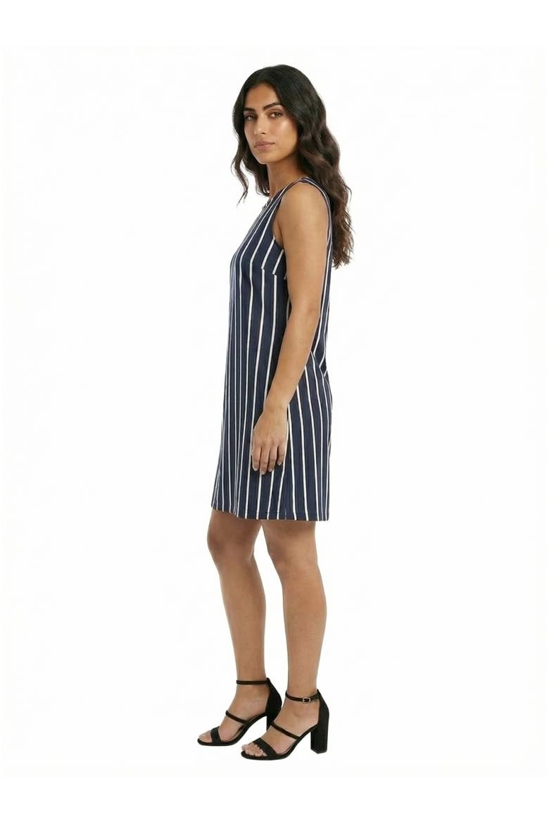 Essential Petite Striped Round Neck Sleeveless A-Line Mini Shift Dress, Alternate, color, Navy Multi