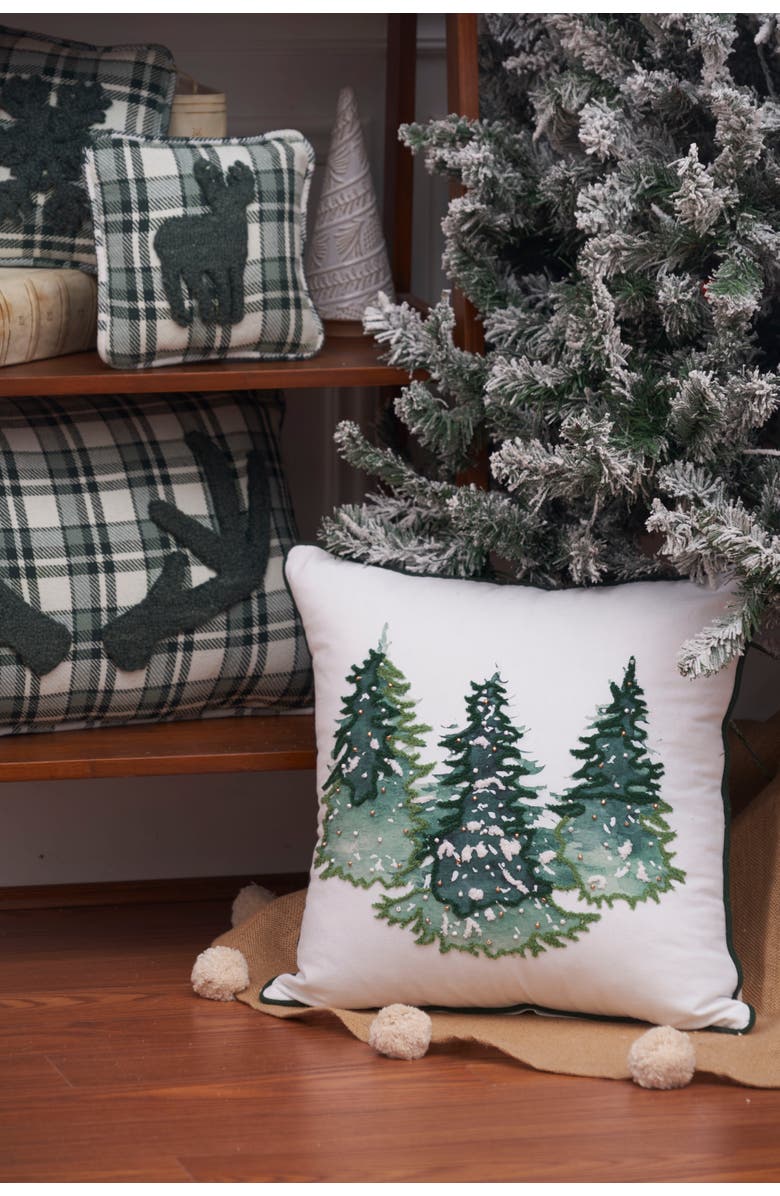 C&F Home Evergreen Trees Embellished 100% Cotton Christmas Accent Throw Pillow 18" x 18", Alternate, color, White