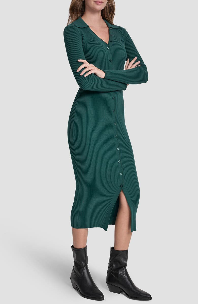 DKNY Jeans Long Sleeve Rib Polo Dress, Alternate, color, Cool Pine