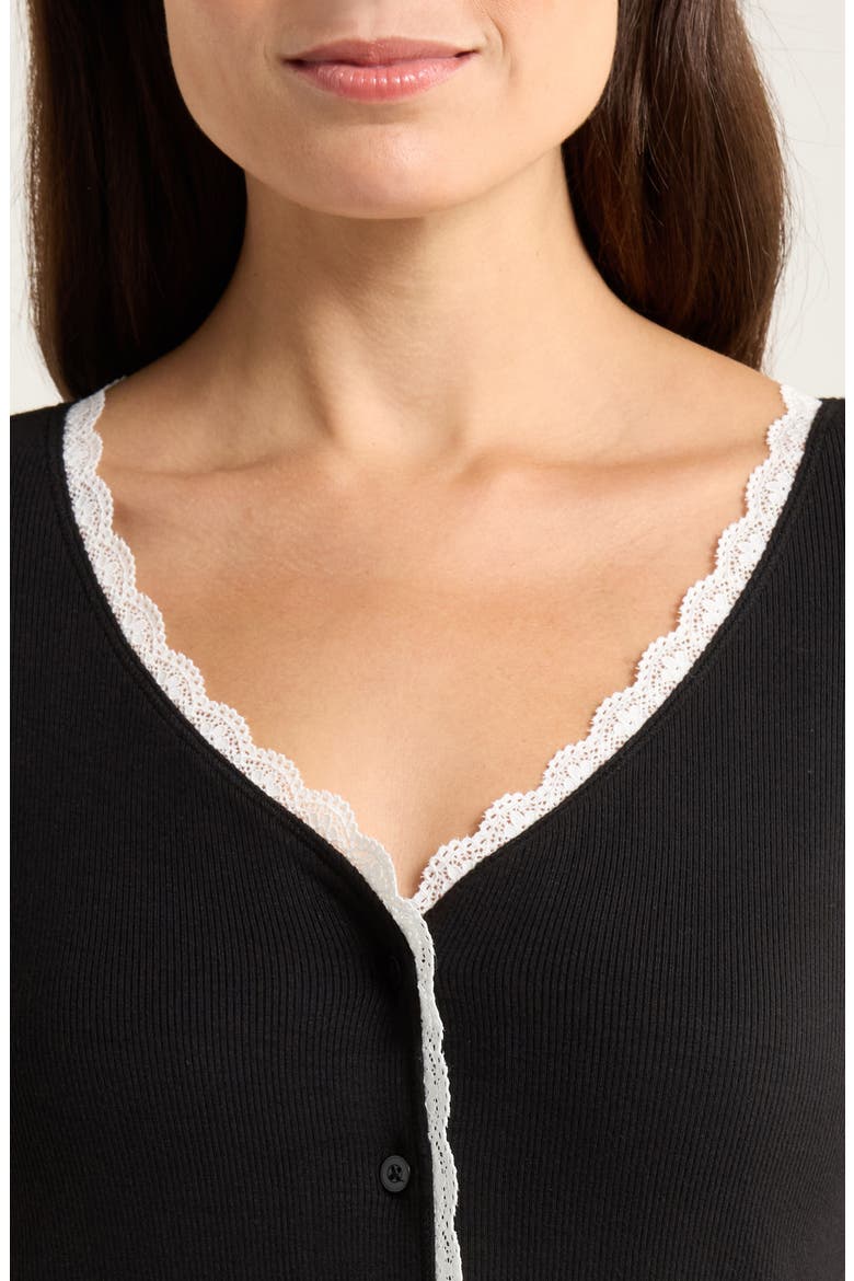 Daydream Lace Trim Rib Button-Up Lounge Top, Alternate, color, BLACK