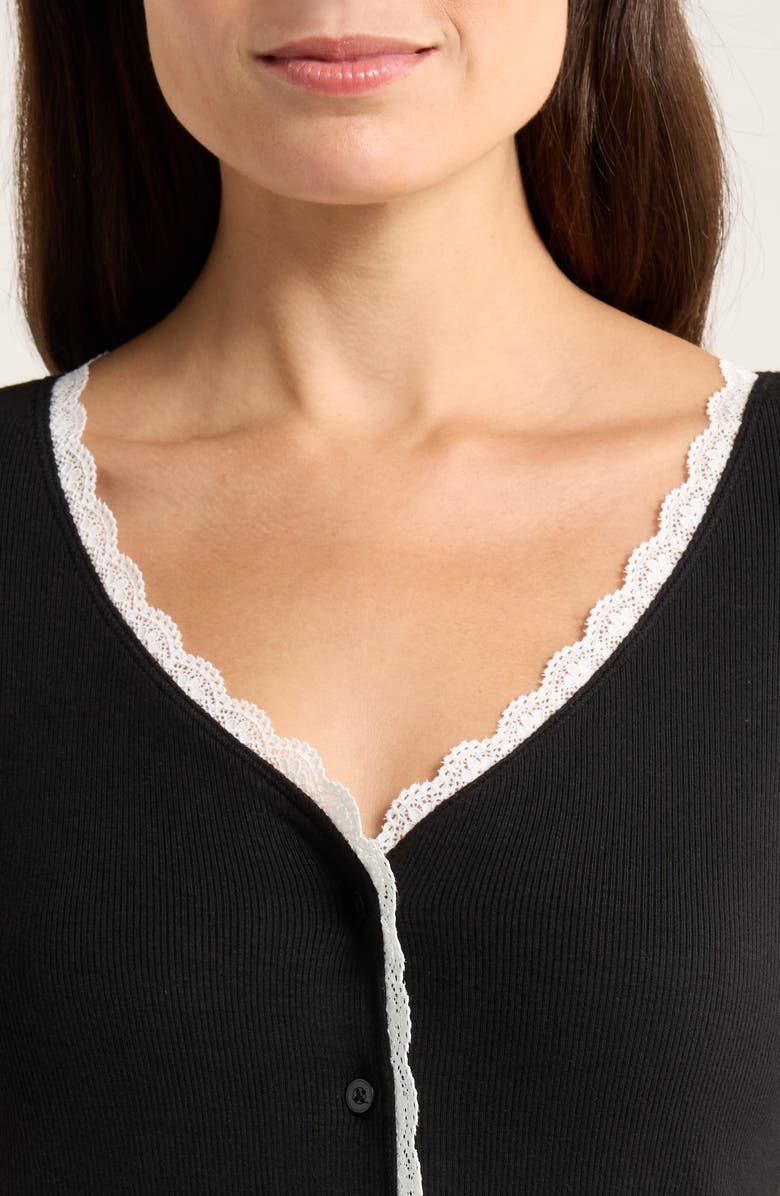 Open Edit Daydream Lace Trim Rib Button-Up Lounge Top, Alternate, color,