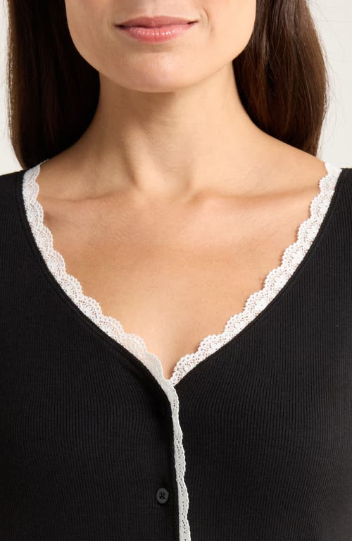 Open Edit Daydream Lace Trim Rib Button-up Lounge Top In Black