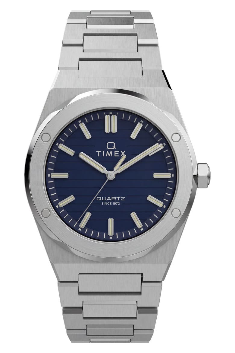 Q Timex Marbella Stainless Steel Bracelet Watch, Main, color, SILVER/BLUE
