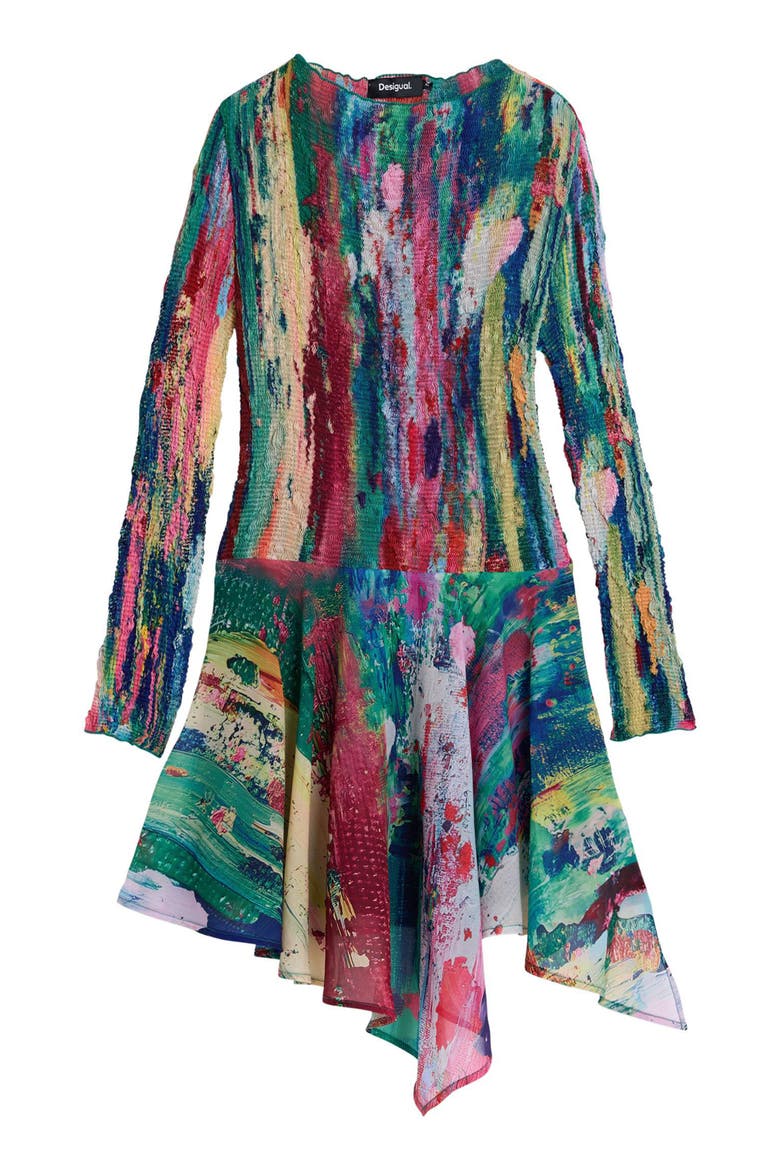 Smocked Long Sleeve Handkerchief Hem Dress, Alternate, color, GREEN MULTI
