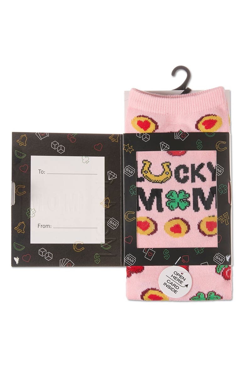 Big Kid's Lucky Mom Greeting Card Crew Socks, Alternate, color, Confetti Pink