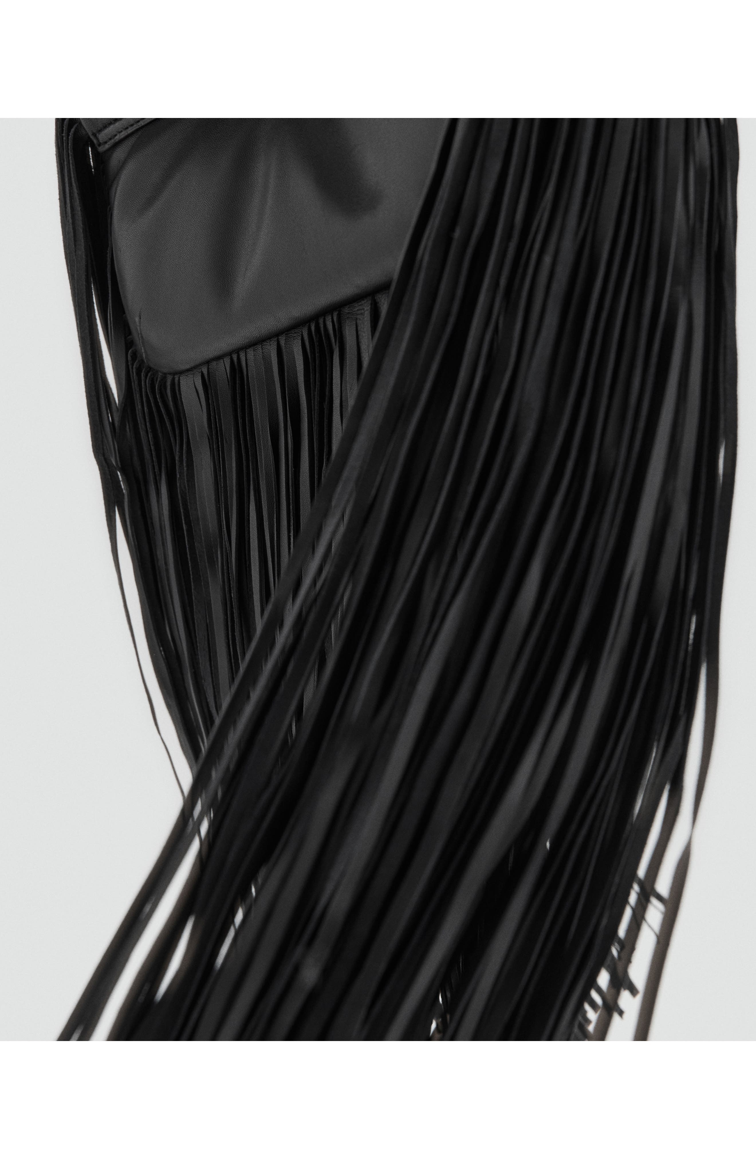 MANGO Fringe Leather Clutch, Alternate, color, Black