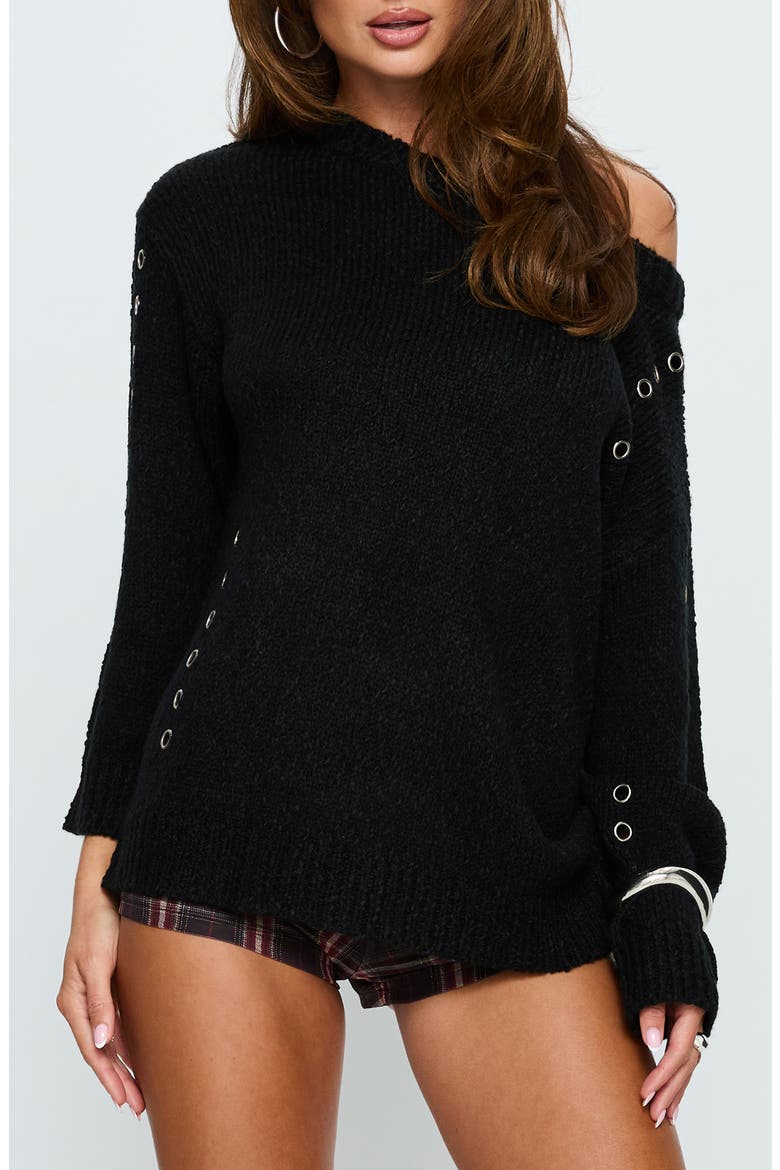 Esenia Eyelet One-Shoulder Sweater, Main, color, BLACK / SILVER