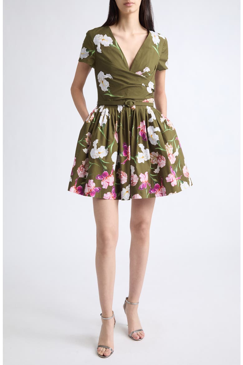 Belted Painted Iris Short Sleeve Fit and Flare Dress, Main, color, DARK MOSS MULTI
