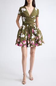 Oscar de la Renta Belted Painted Iris Short Sleeve Fit and Flare Dress
