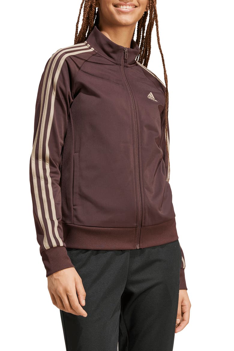 Essentials 3-Stripes Recycled Polyester Track Jacket, Main, color, SHADOW BROWN/ BLANCH CARGO