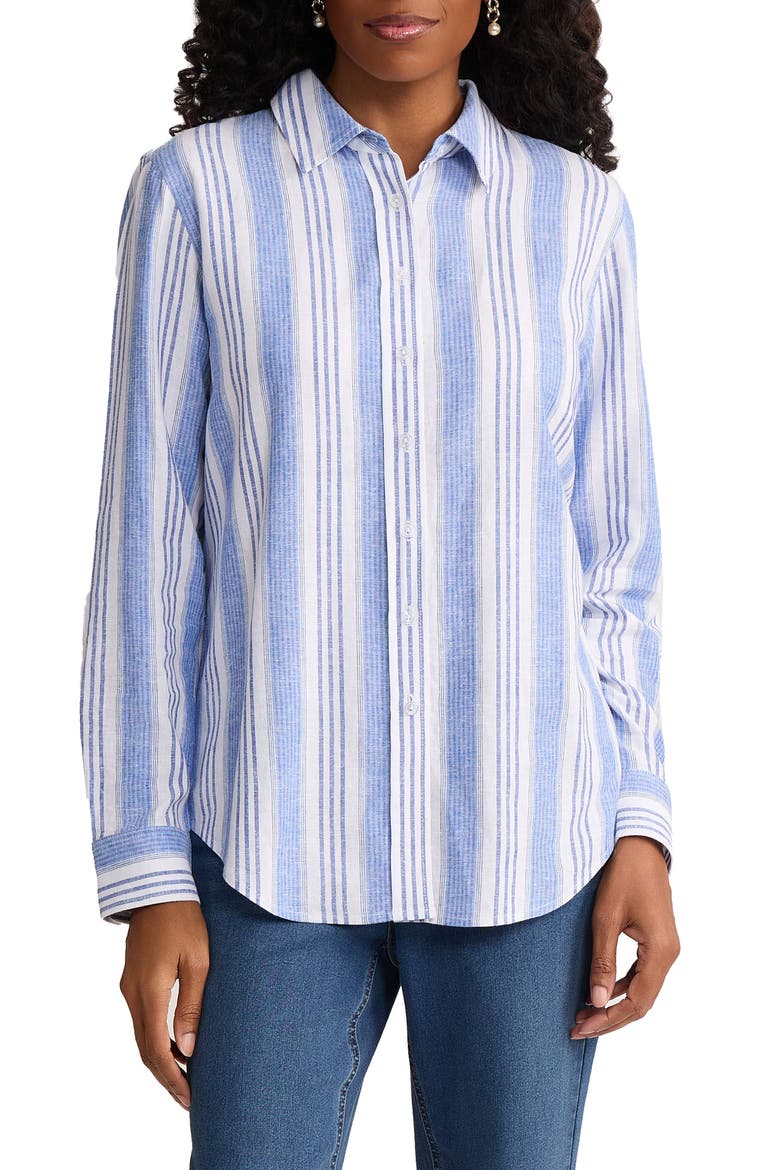 Oversize Linen Blend Button-Up Shirt, Main, color, NATURAL WHITE/ LIGHT SAPPHIRE
