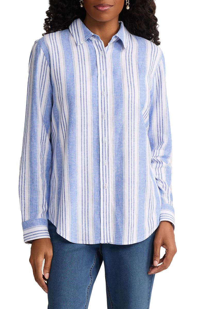 Jones New York Oversize Linen Blend Button-Up Shirt, Main, color, Natural White/ Light Sapphire