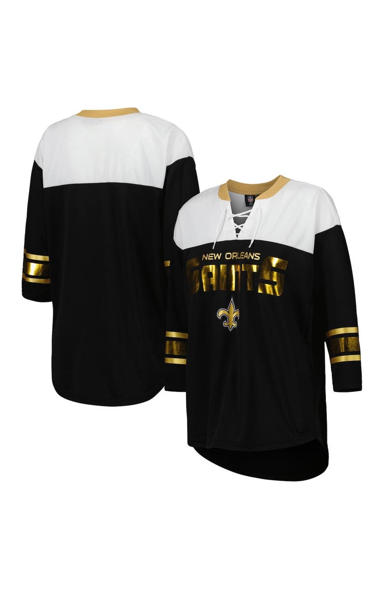 G-III 4HER BY CARL BANKS Women's G-III 4Her by Carl Banks Black/White New Orleans Saints Double Team 3/4-Sleeve Lace-Up T-Shirt, Main, color, Black