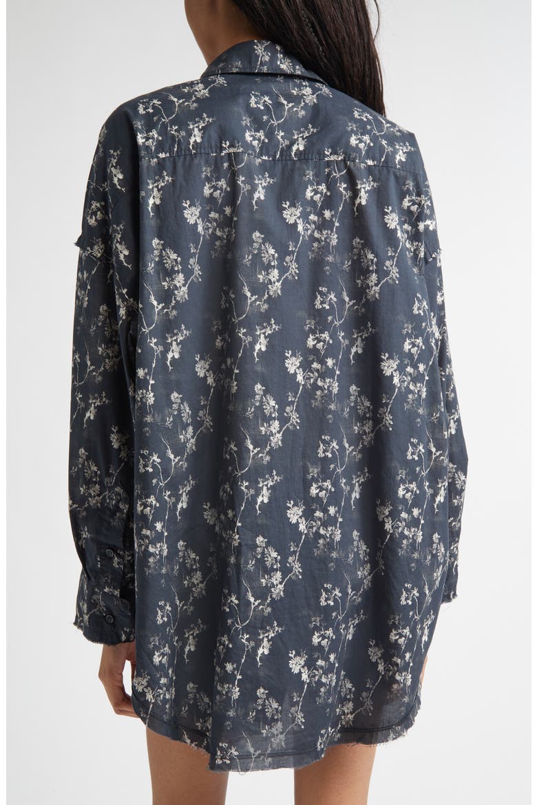 Floral Print Ruffle Cotton Button-Up Shirt, Alternate, color, FLORAL ON BLACK