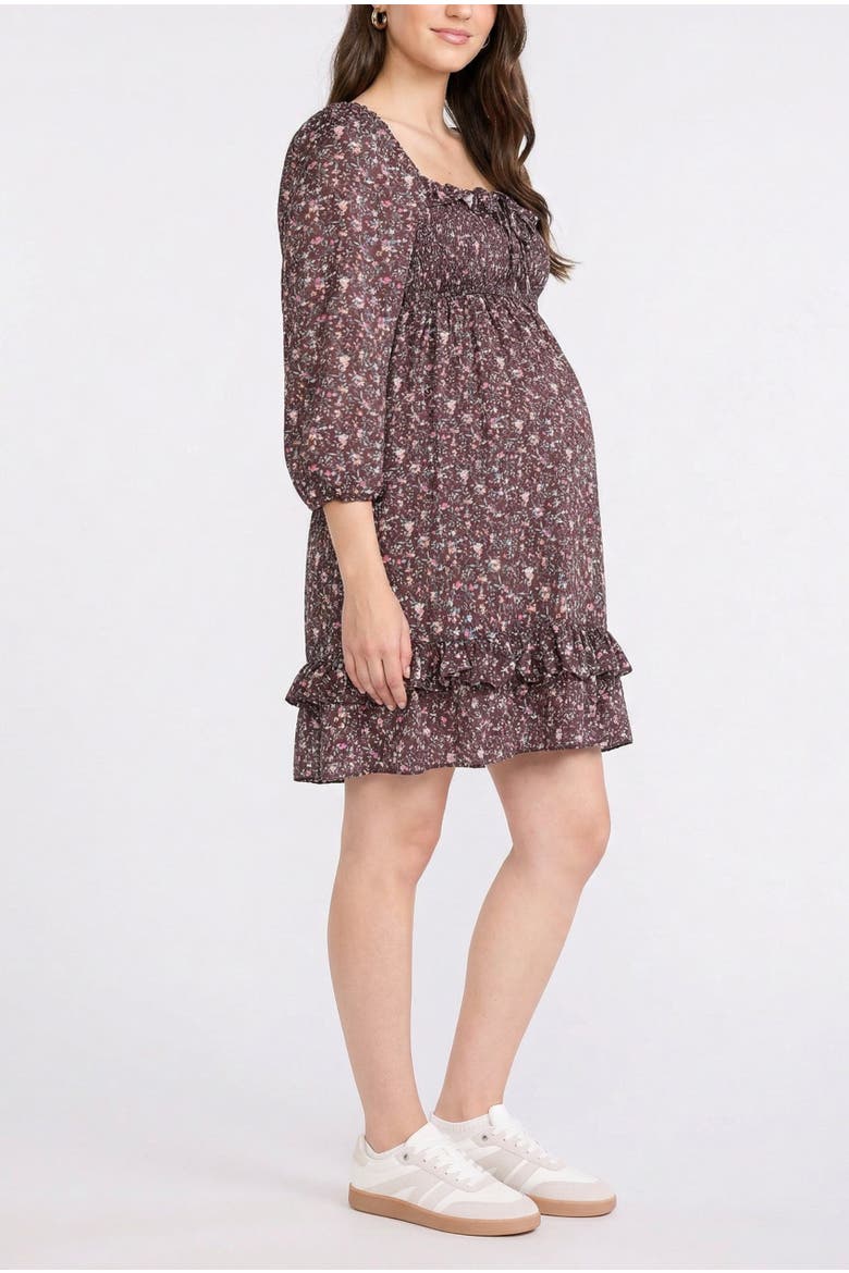 Smocked Babydoll Long Sleeve Mini Dress, Alternate, color, Tawny Port Floral
