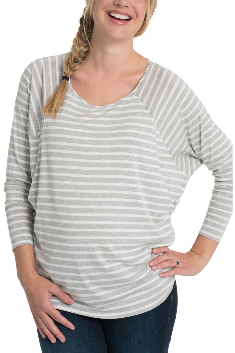 Softie Nursing T Shirt Long Sleeve, Main, color, GRAY AND WHITE STRIPE