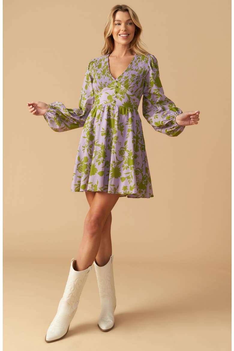Floral Print Long Sleeve Babydoll Dress, Alternate, color, LAVENDER