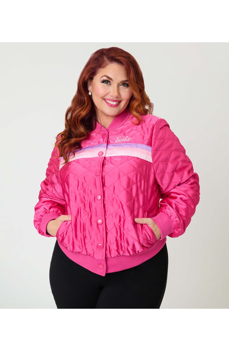 Unique Vintage Plus Size Quilted Varsity Jacket, Main, color, Pink Stripe Embroidered