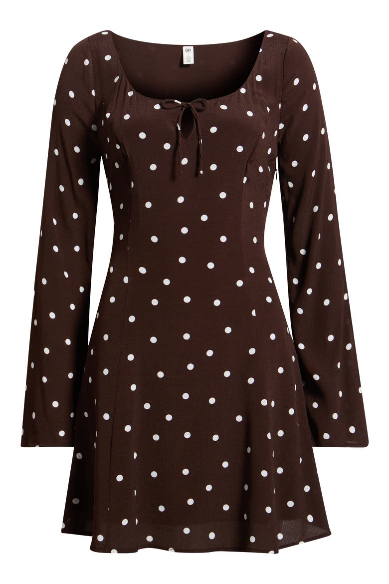 Scoop Neck Long Sleeve Minidress, Main, color, BROWN- WHITE CASS DOT