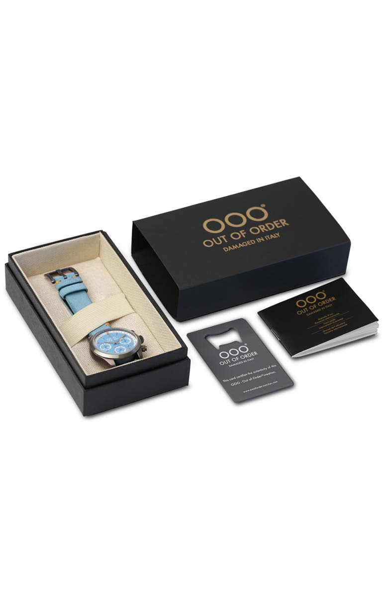 OUT OF ORDER Sporty Cronografo Chronograph Leather Band Watch, 40mm, Alternate, color, Light Blue