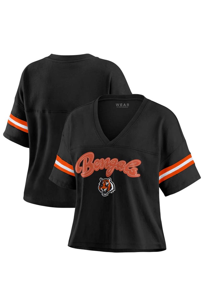 Women's WEAR by Erin Andrews Black Cincinnati Bengals Plus Size Color Block Boxy V-Neck T-Shirt, Main, color, Black