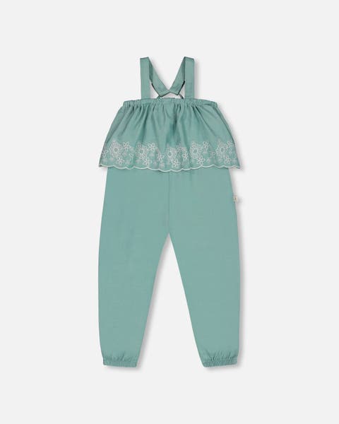 Baby Girl's Chambray Jumpsuit With Embroidery Light Blue