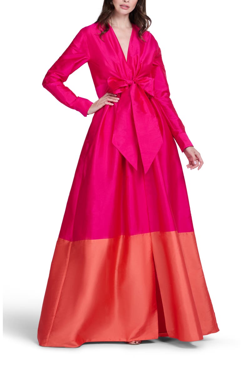 Colorblock Long Sleeve Taffeta Gown, Alternate, color, WATERMELON / CORAL