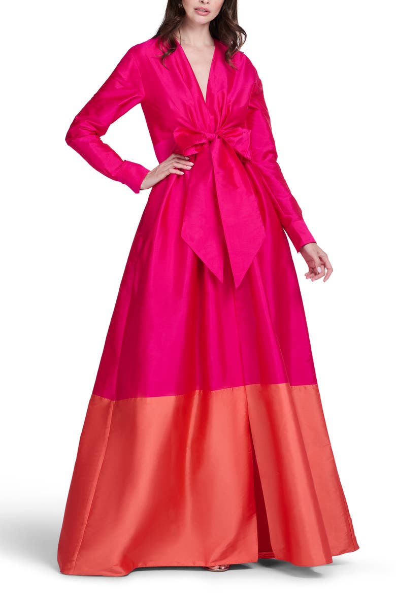 EMILY SHALANT Colorblock Long Sleeve Taffeta Gown, Alternate, color, Watermelon / Coral
