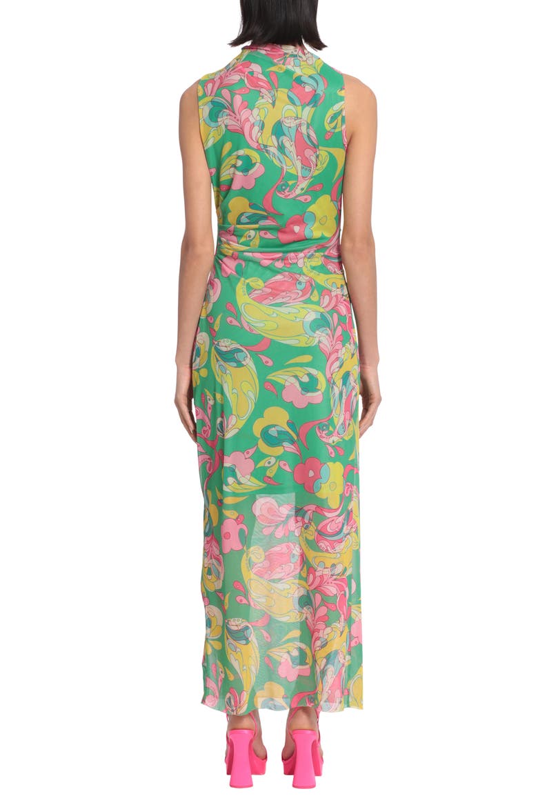 Asymmetric Ruched Semisheer Midi Dress, Alternate, color, ABSINTHE GREEN/ PINK