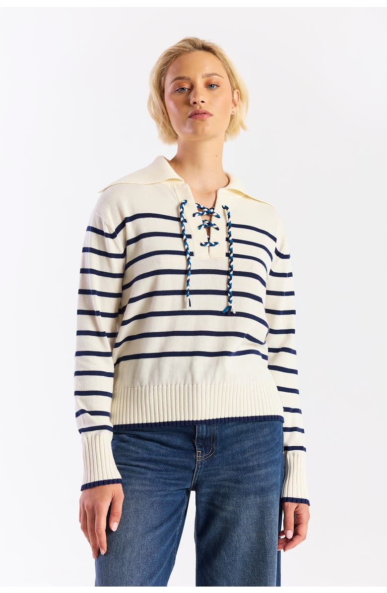 WISPR Stripe Lace Up Collared Knit Sweater, Main, color, Cream/Navy, Tangerine