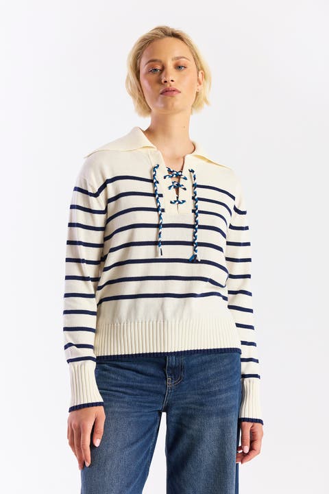 Stripe Lace Up Collared Knit Sweater