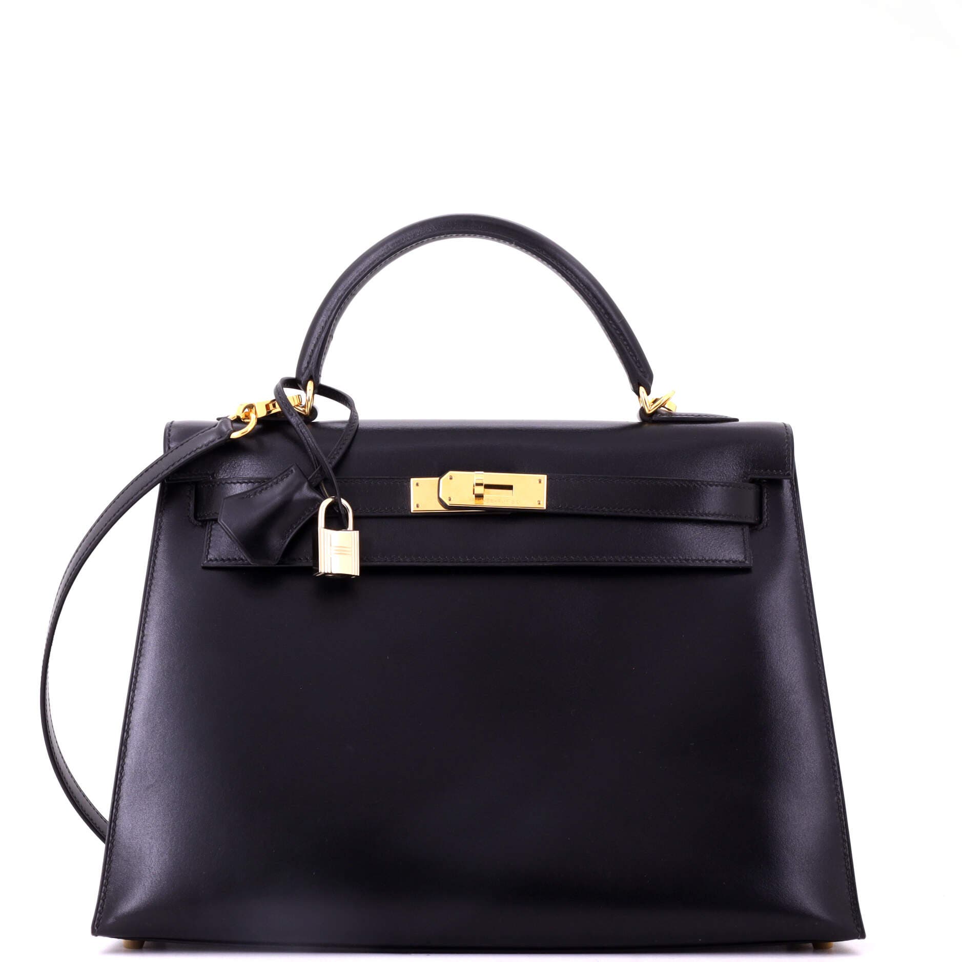 Pre-Owned Hermes Kelly Handbag Black Box Calf with Gold Hardware 32, Main, color, Noir