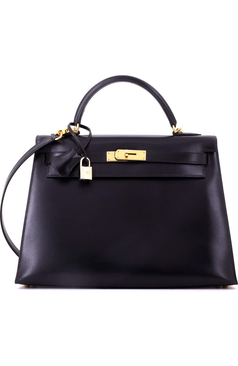 Pre-Owned Hermes Kelly Handbag Black Box Calf with Gold Hardware 32, Main, color, Noir