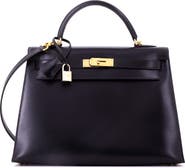 Pre-Owned Hermes Kelly Handbag Black Box Calf with Gold Hardware 32