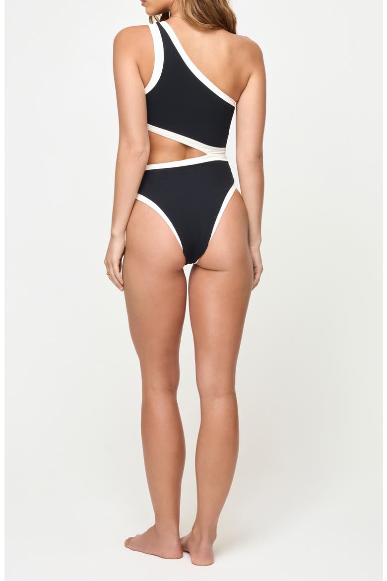 Loren Cutout Rib & Jersey One-Piece Swimsuit, Alternate, color, BLACK/ CREAM