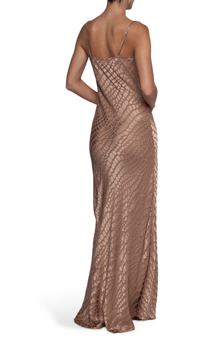 L'AGENCE Christine Cowl Neck Burnout Satin Gown, Alternate, color, Hazelnut Cobra Geo Burnout