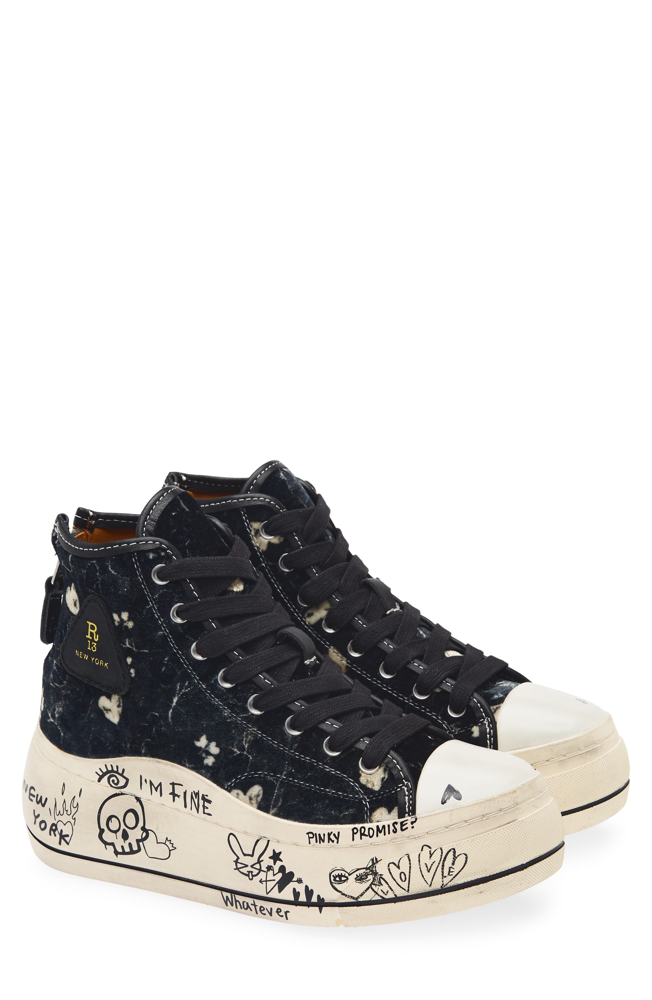 R13 Kurt Platform High Top Sneaker, Main, color, Hearts On Black Graffiti
