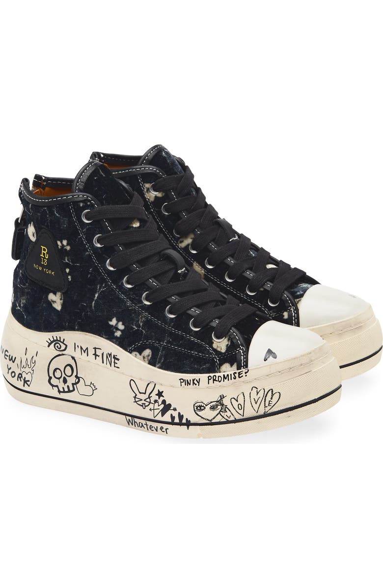 R13 Kurt Platform High Top Sneaker, Main, color, Hearts On Black Graffiti