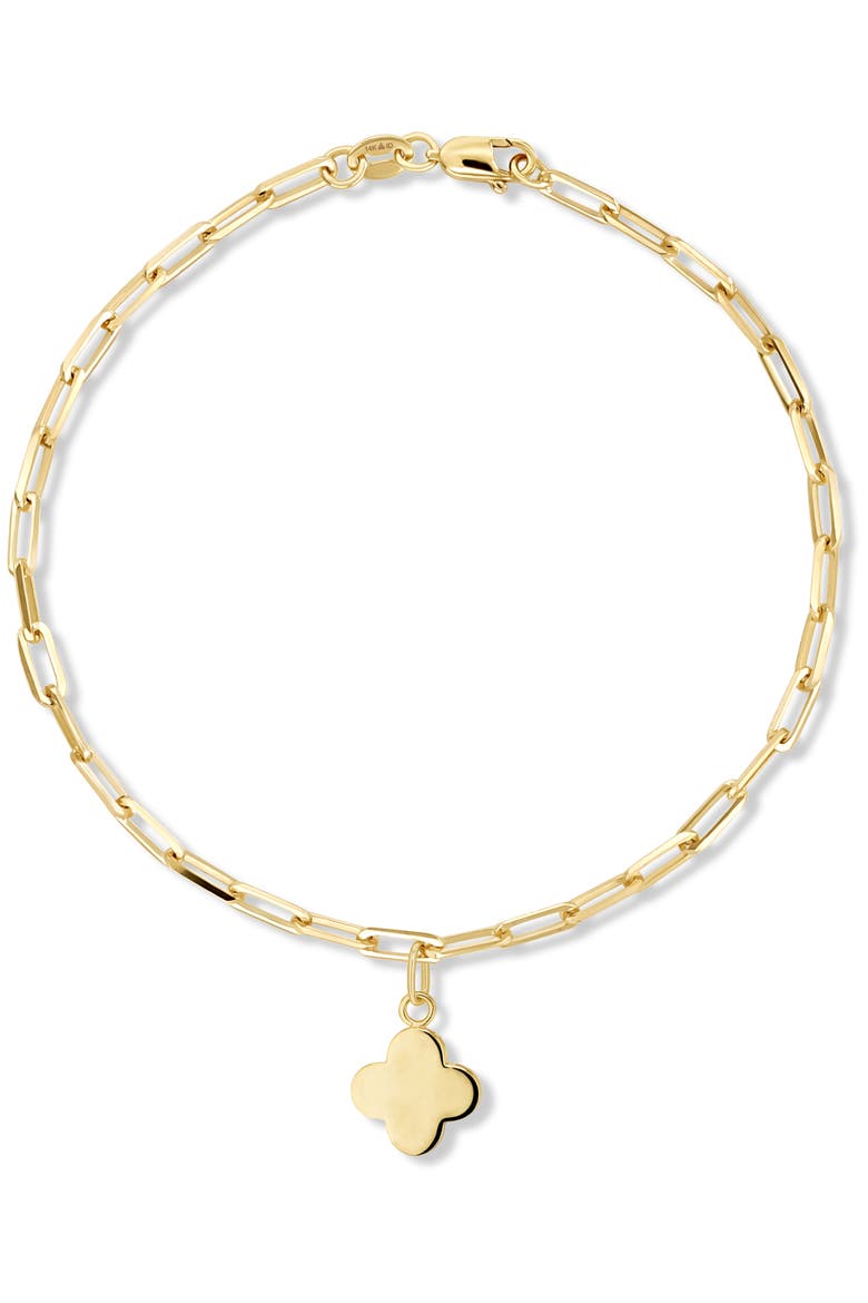 Clover Charm with Paperclip Chain Bracelet in 14K Gold, 7", Main, color, Yellow Gold