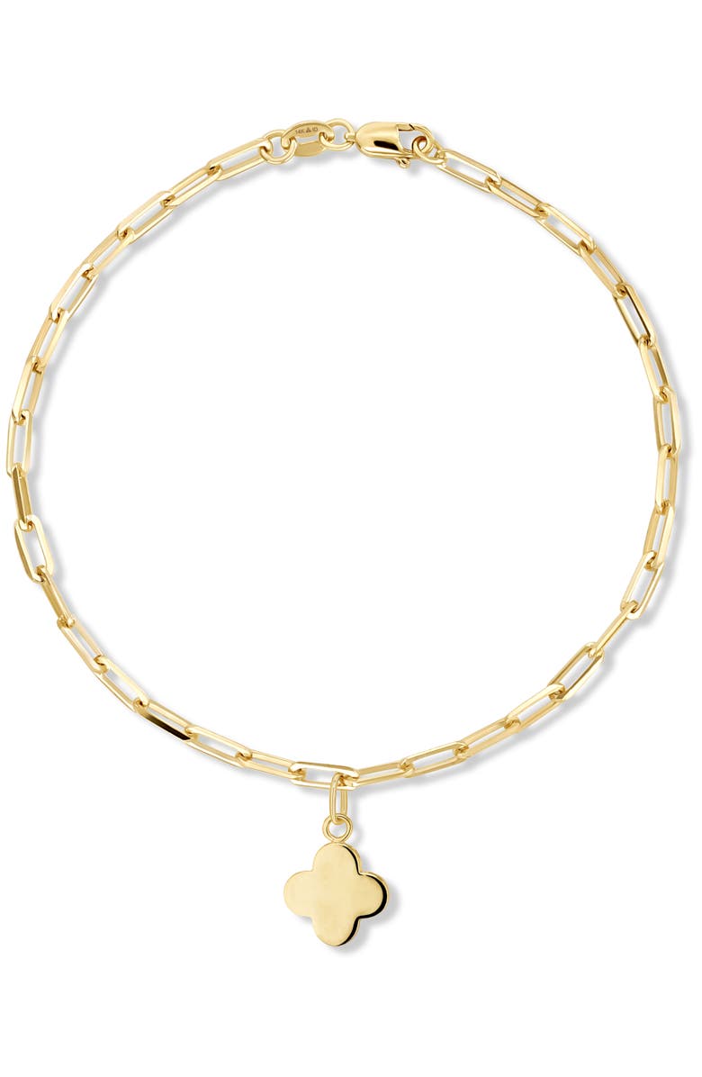 DEVATA Clover Charm with Paperclip Chain Bracelet in 14K Gold, 7", Main, color, Yellow Gold