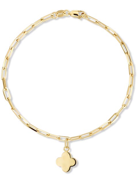 Clover Charm with Paperclip Chain Bracelet in 14K Gold, 7"