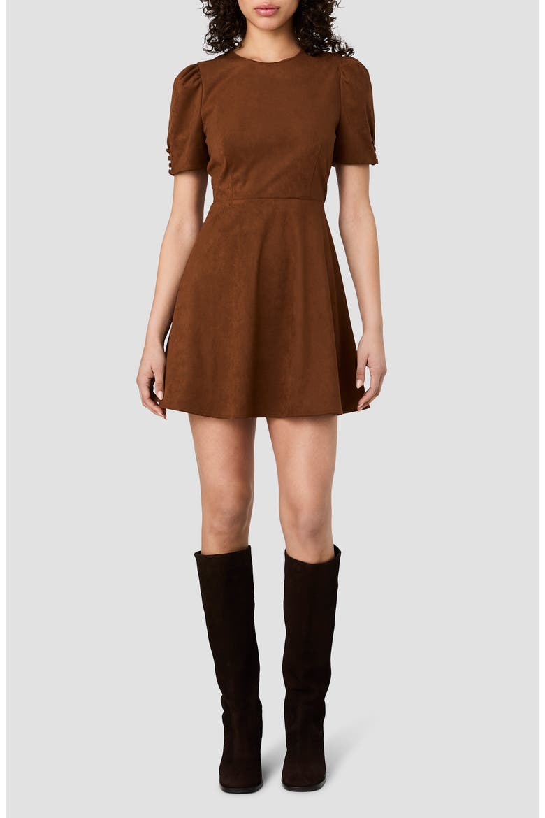 Sonja Short Sleeve Faux Suede Fit & Flare Minidress, Main, color, CHESTNUT BROWN